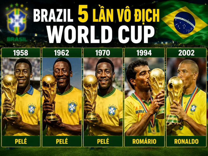 Brazil là quốc gia vô địch World Cup nhiều nhất với 5 lần bước lên đỉnh thế giới